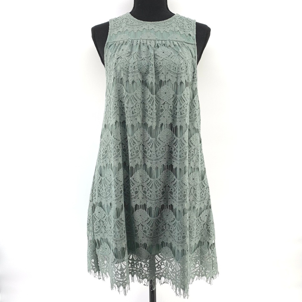 Boho Lace Shift Dress Sage Green XS Cocktail Party Wedding Lined Cottagecore